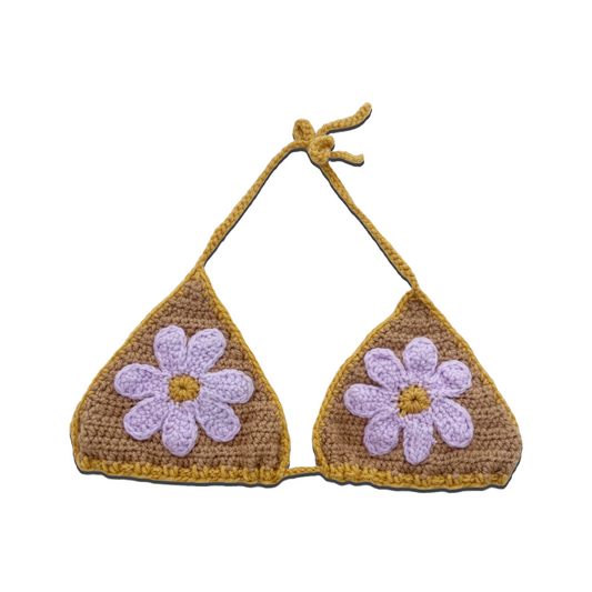 Lavendar and Tan flower power bikini top